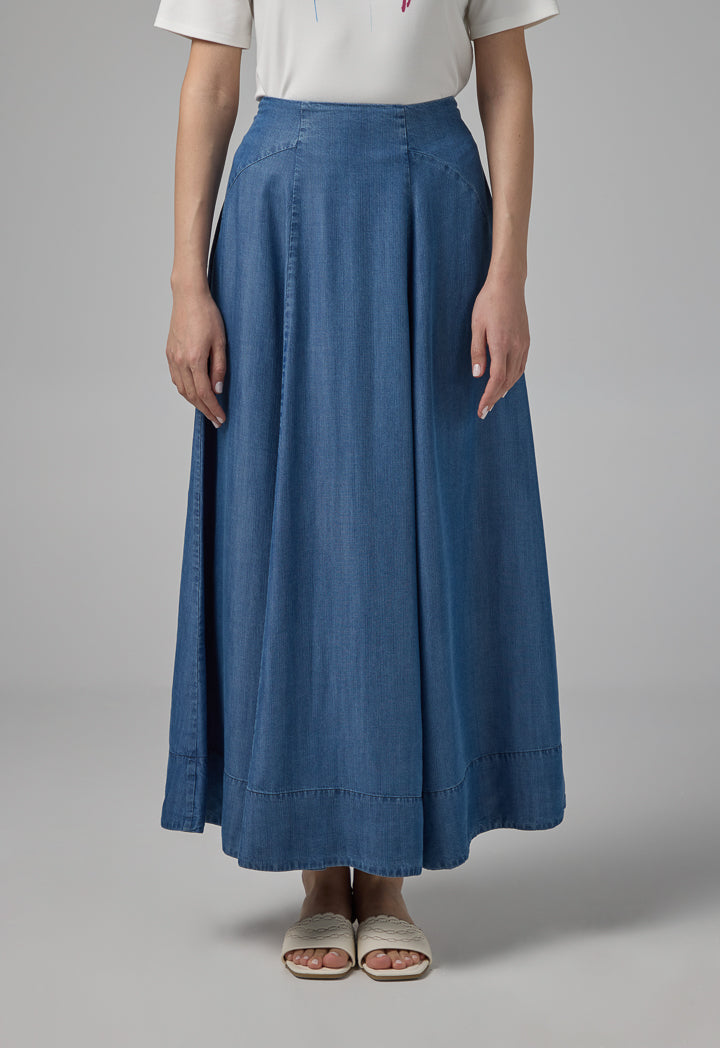 Choice Solid Flared Denim Skirt Navy