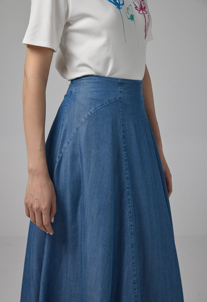 Choice Solid Flared Denim Skirt Navy