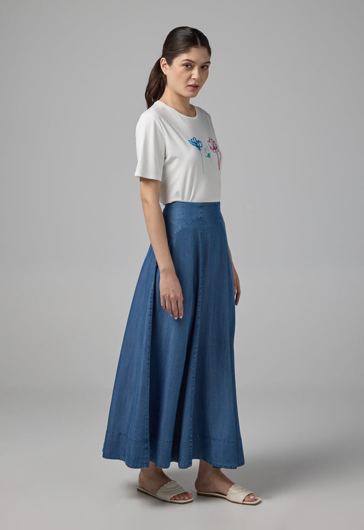 Choice Solid Flared Denim Skirt Navy
