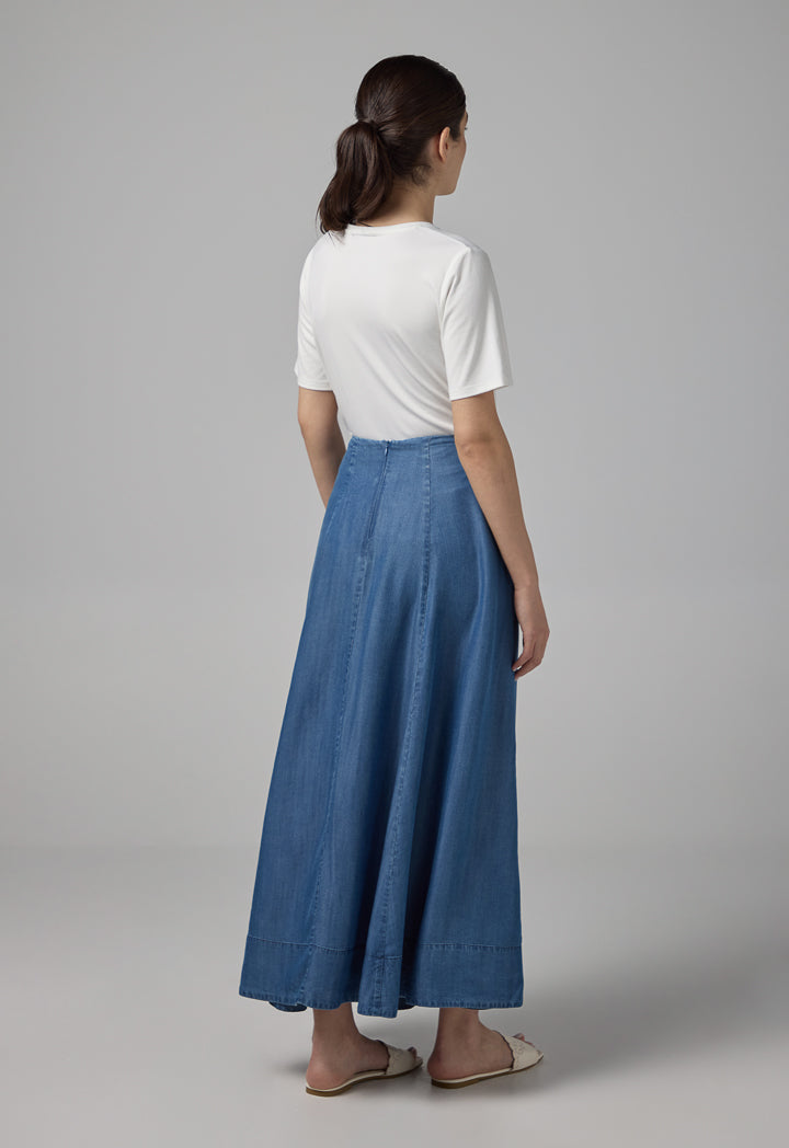 Choice Solid Flared Denim Skirt Navy