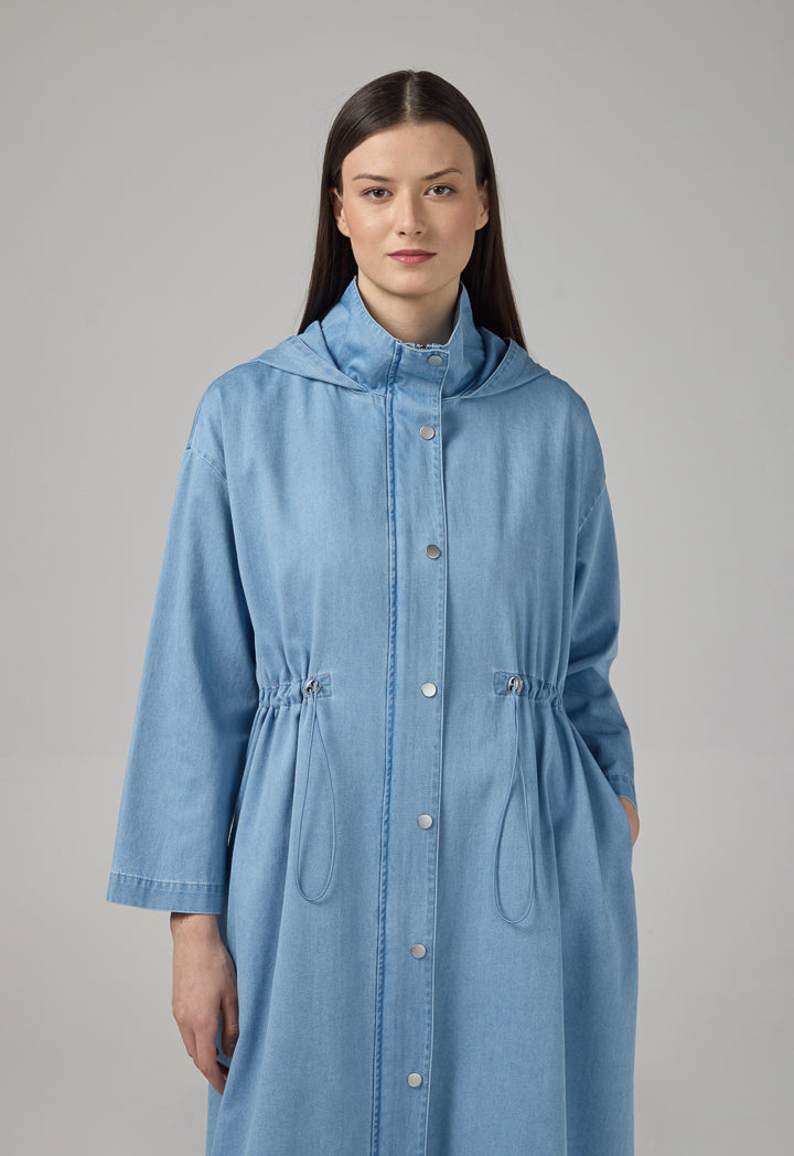 Choice Drawstring Hooded Collar Jacket Light Blue