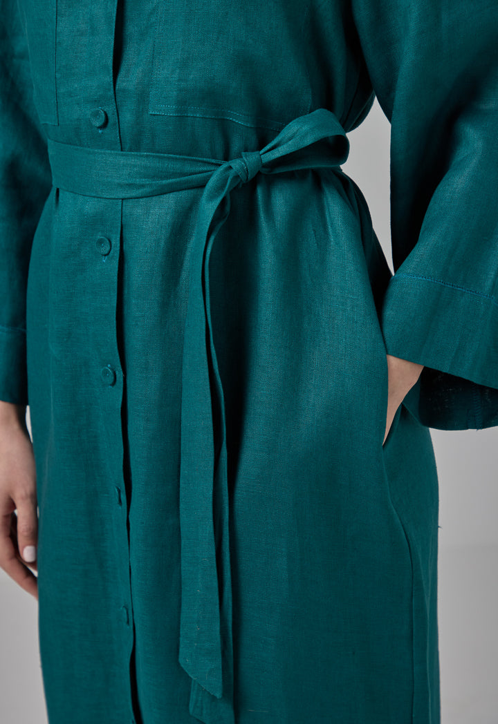 Choice Solid Linen Shirt Dress Teal