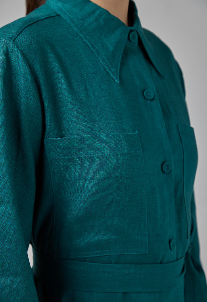Choice Solid Linen Shirt Dress Teal