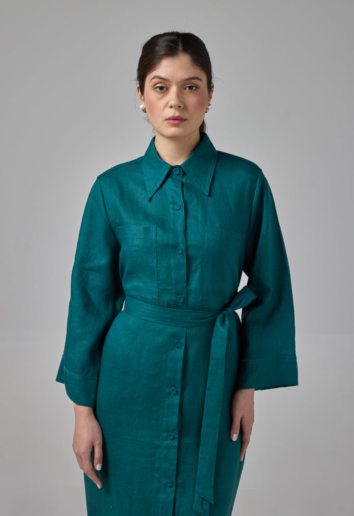 Choice Solid Linen Shirt Dress Teal
