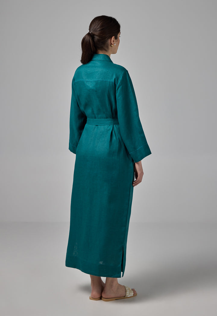 Choice Solid Linen Shirt Dress Teal