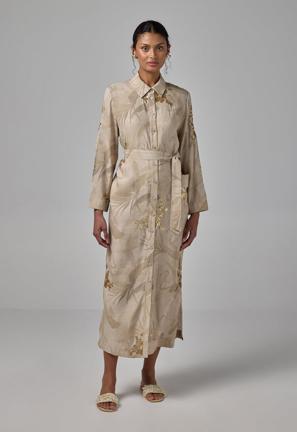 Choice Sequin Embellished Printed Shirt Dress Beige