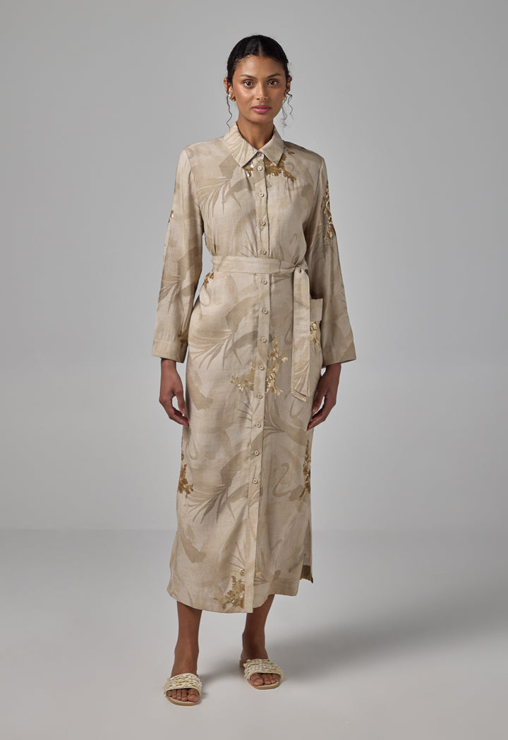 Choice Sequin Embellished Printed Shirt Dress Beige