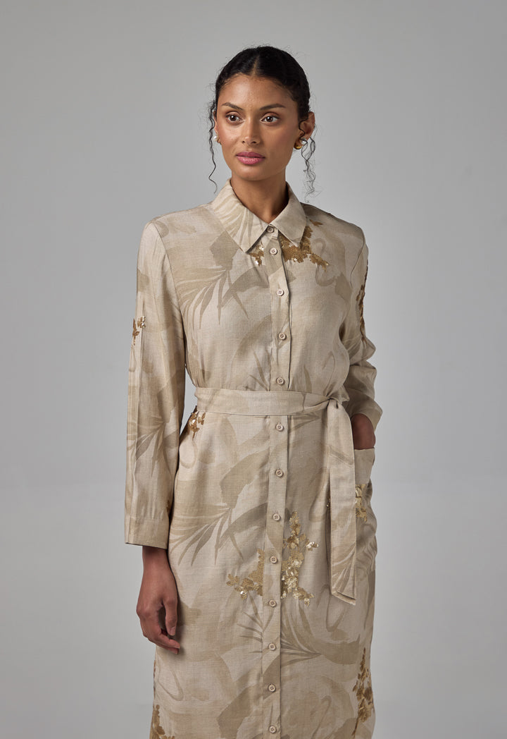 Choice Sequin Embellished Printed Shirt Dress Beige
