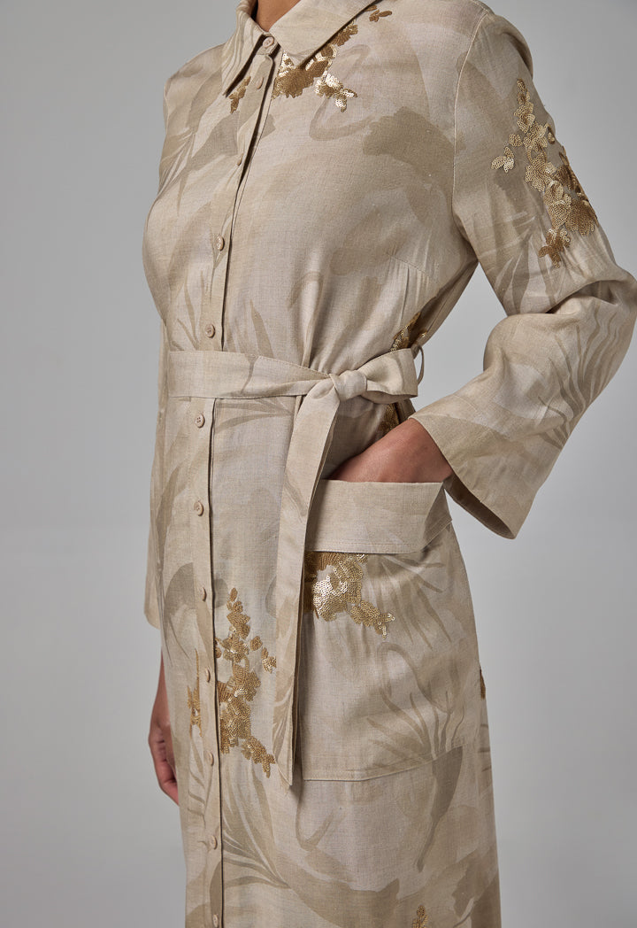 Choice Sequin Embellished Printed Shirt Dress Beige
