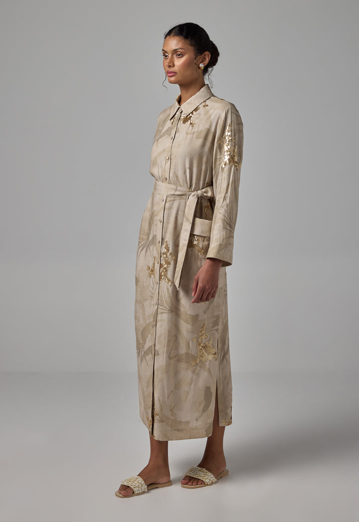 Choice Sequin Embellished Printed Shirt Dress Beige