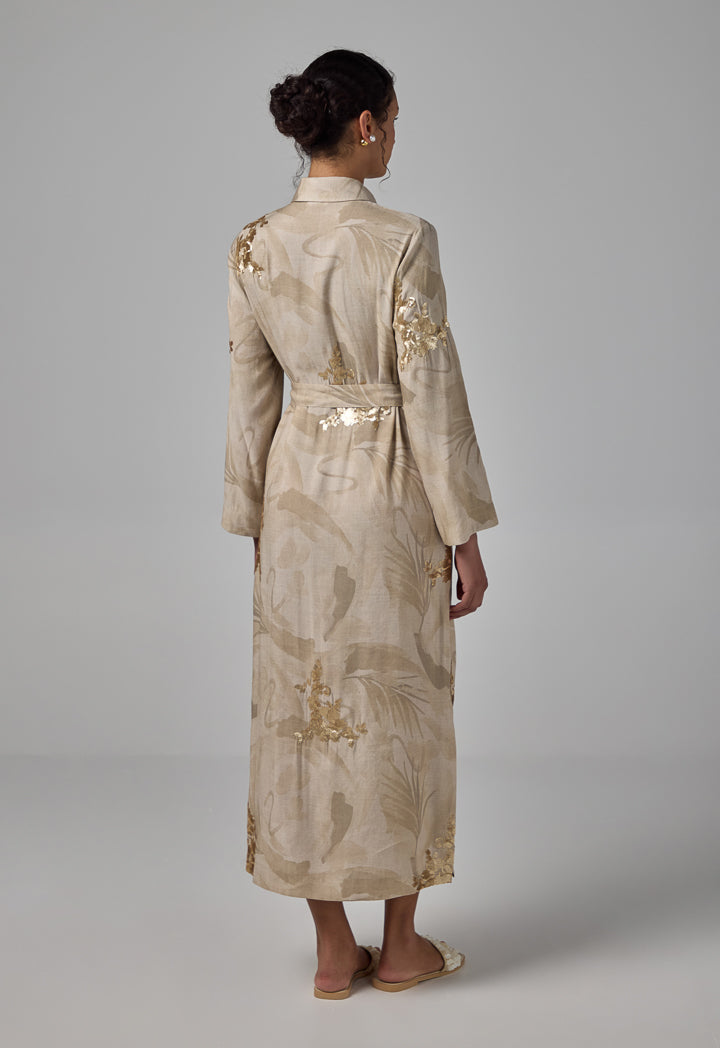Choice Sequin Embellished Printed Shirt Dress Beige