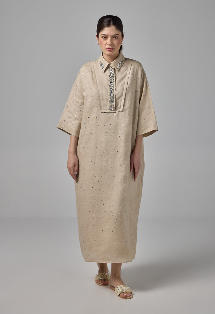 Choice Solid Crystal Embellished Dress  Sand