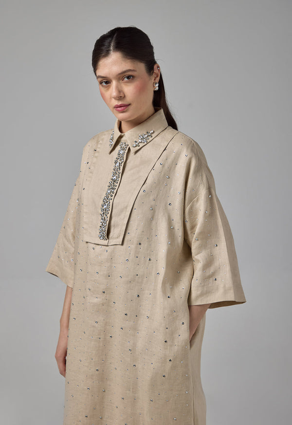Choice Solid Crystal Embellished Dress  Sand