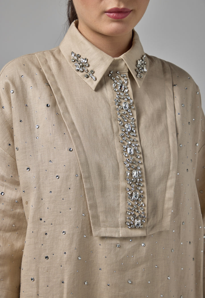 Choice Solid Crystal Embellished Dress  Sand