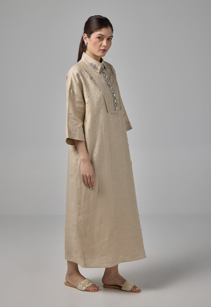 Choice Solid Crystal Embellished Dress  Sand
