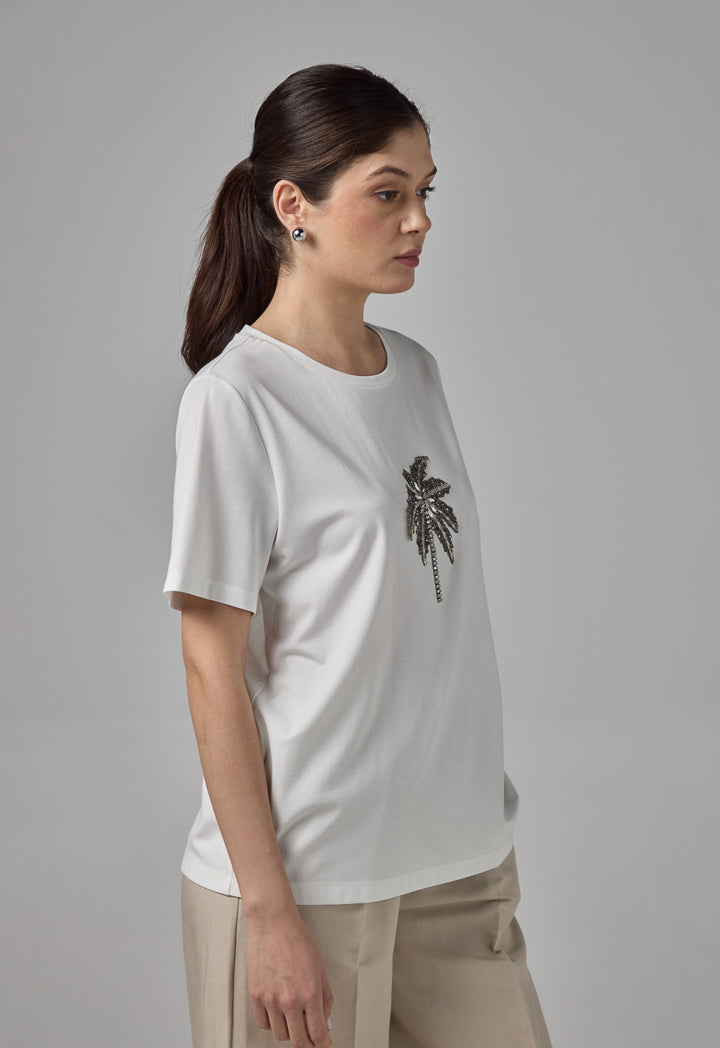 Choice Solid Crystal Embellished T-Shirt Off White