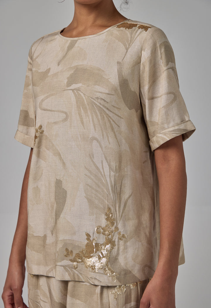 Choice Sequins Embellished Printed T-Shirt Beige