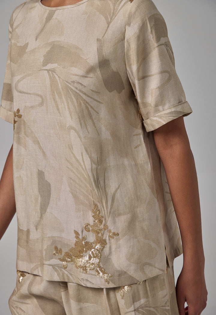 Choice Sequins Embellished Printed T-Shirt Beige