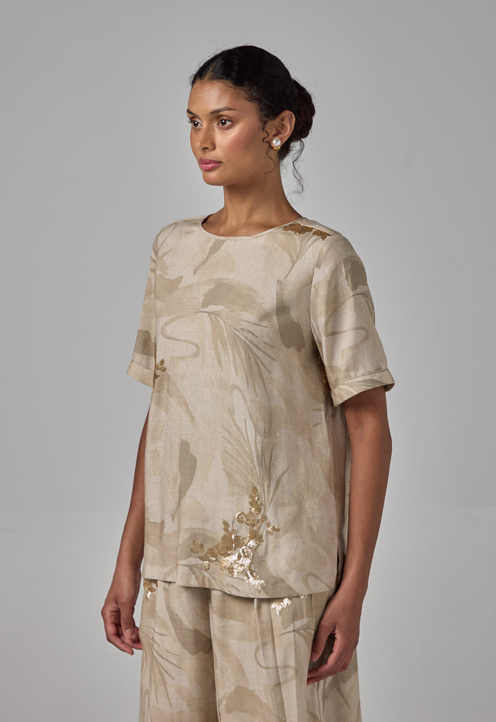 Choice Sequins Embellished Printed T-Shirt Beige