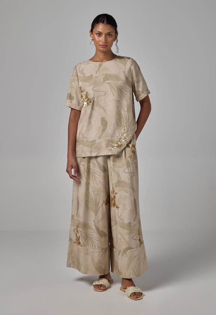 Choice Sequins Embellished Printed T-Shirt Beige
