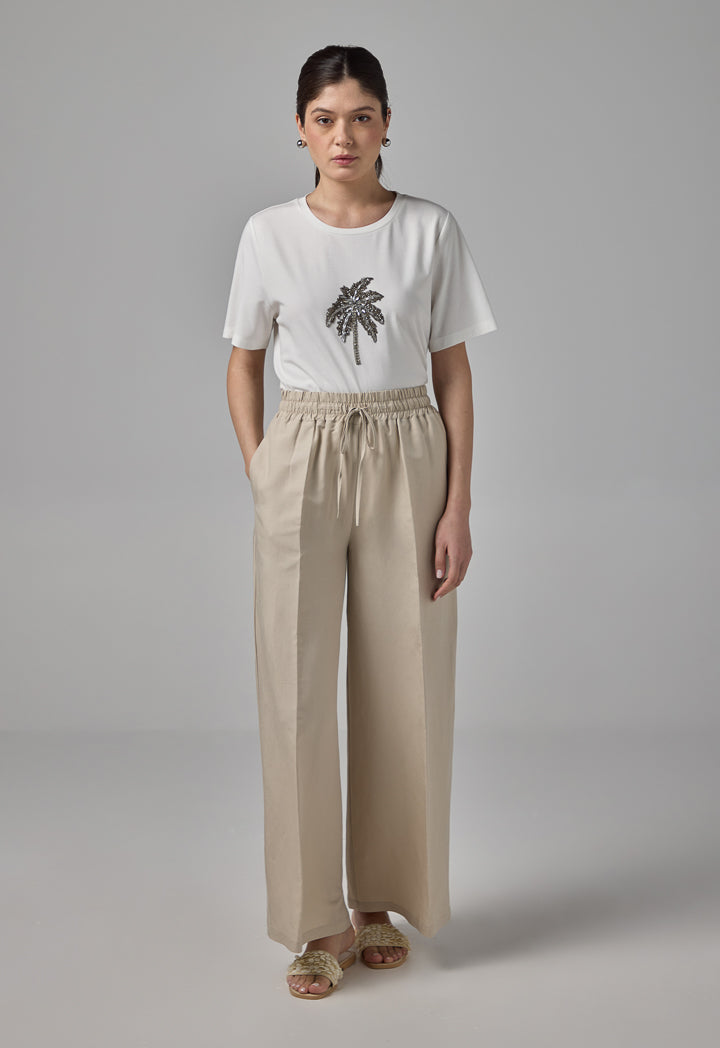 Choice Basic Elastic Waistband Linen Trousers Sand