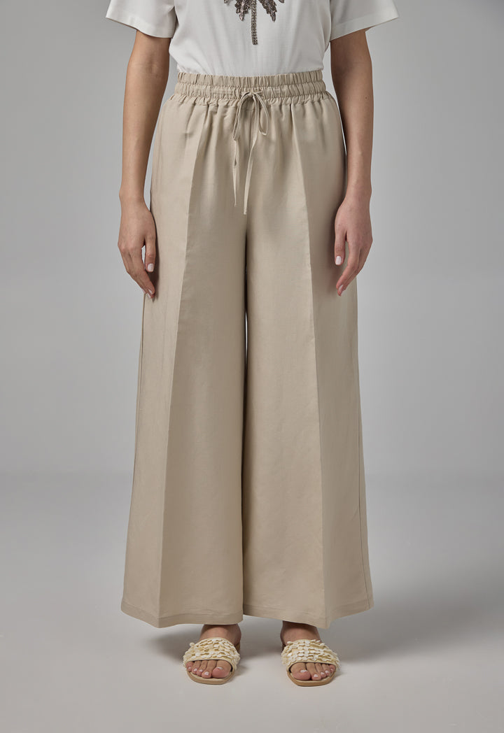 Choice Basic Elastic Waistband Linen Trousers Sand