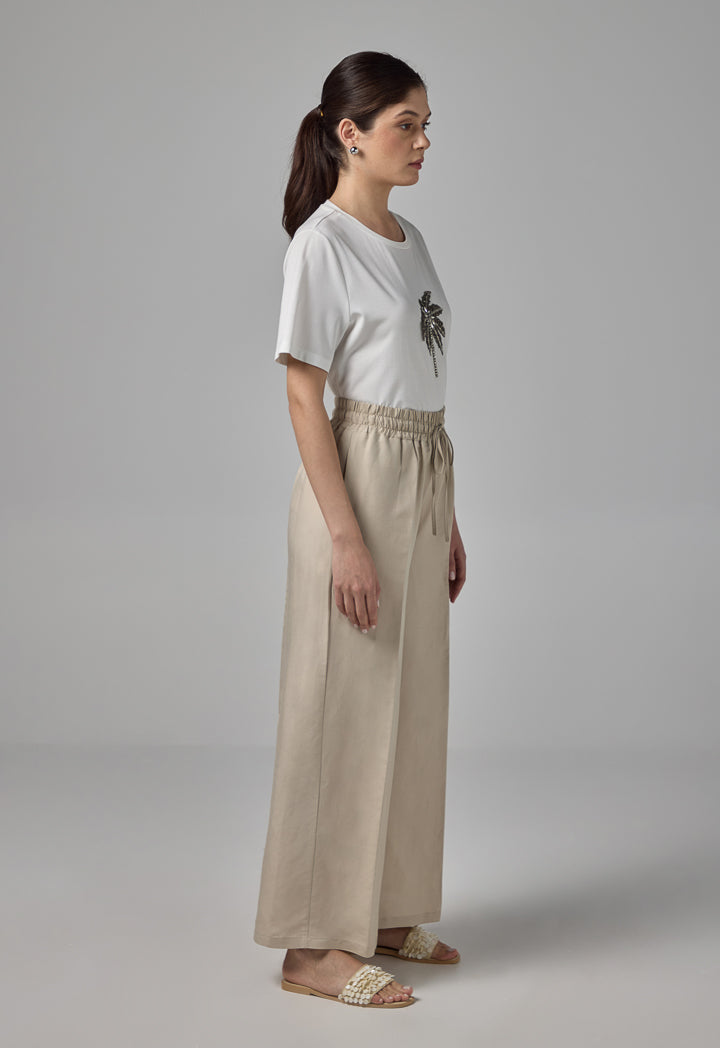 Choice Basic Elastic Waistband Linen Trousers Sand