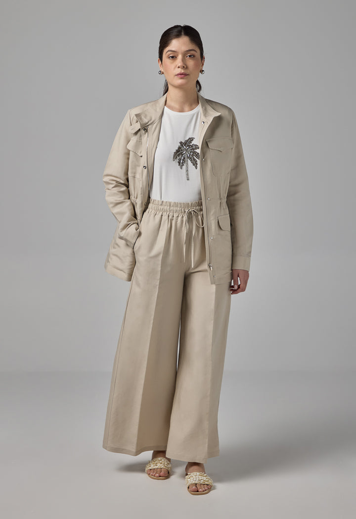 Choice Basic Elastic Waistband Linen Trousers Sand