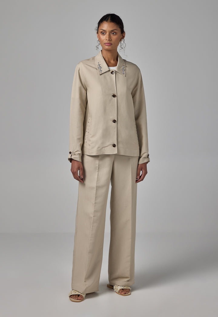 Choice Long Sleeve Crystal Embellished Jacket Sand