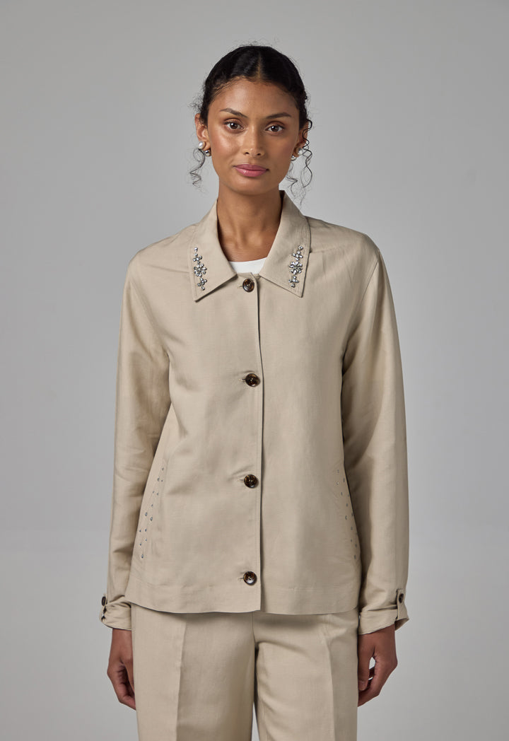 Choice Long Sleeve Crystal Embellished Jacket Sand