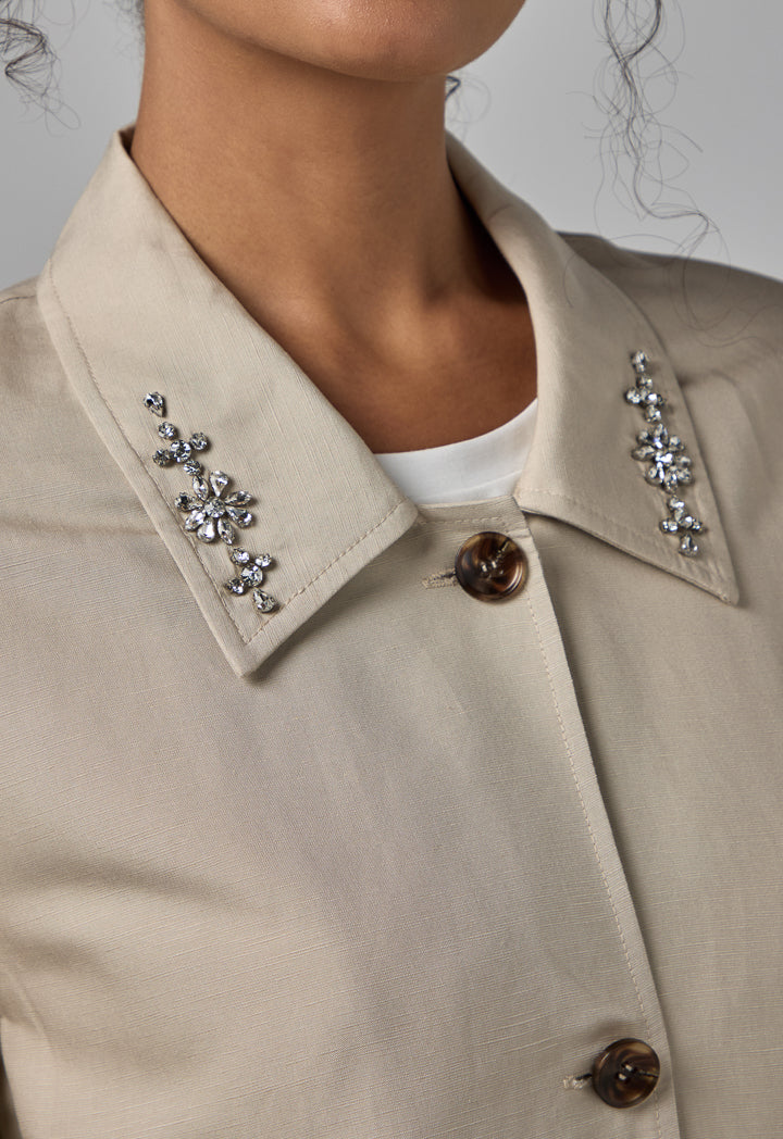 Choice Long Sleeve Crystal Embellished Jacket Sand