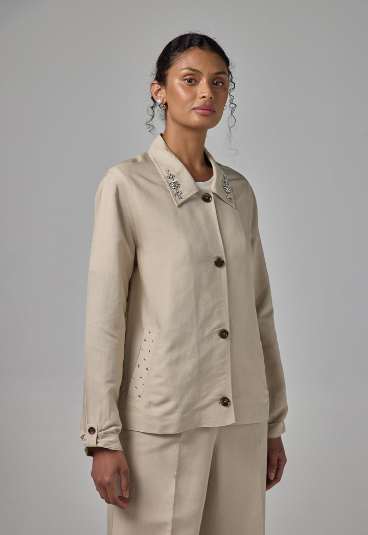 Choice Long Sleeve Crystal Embellished Jacket Sand