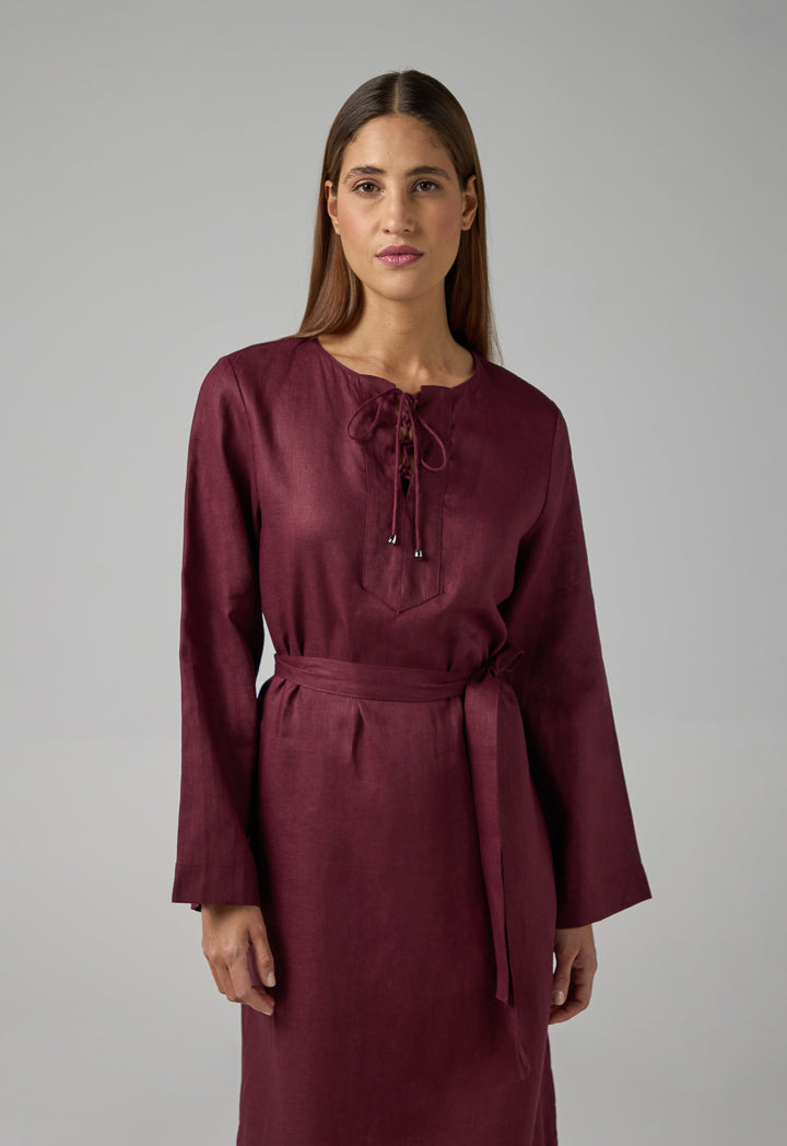 Choice Solid Belted Maxi Linen Dress Brown