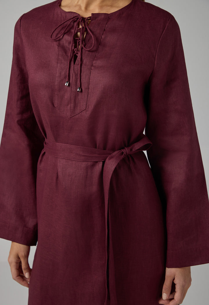 Choice Solid Belted Maxi Linen Dress Brown