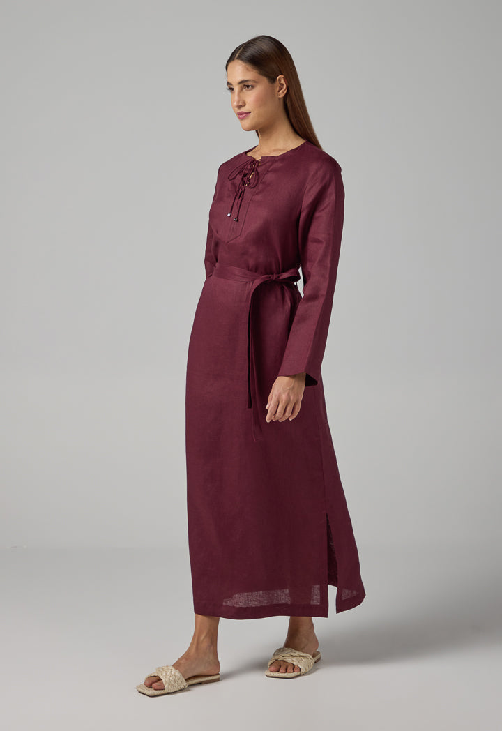 Choice Solid Belted Maxi Linen Dress Brown