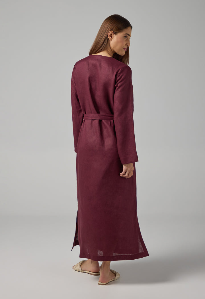 Choice Solid Belted Maxi Linen Dress Brown