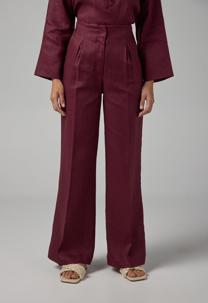 Choice Solid Straight Cut Linen Trousers Brown