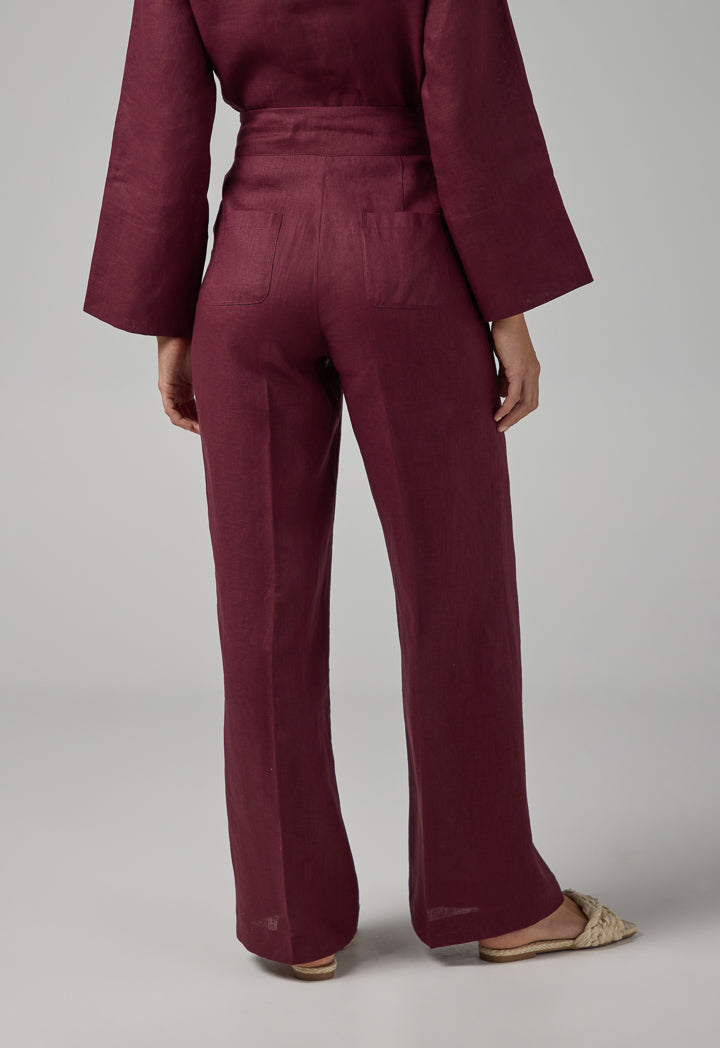 Choice Solid Straight Cut Linen Trousers Brown