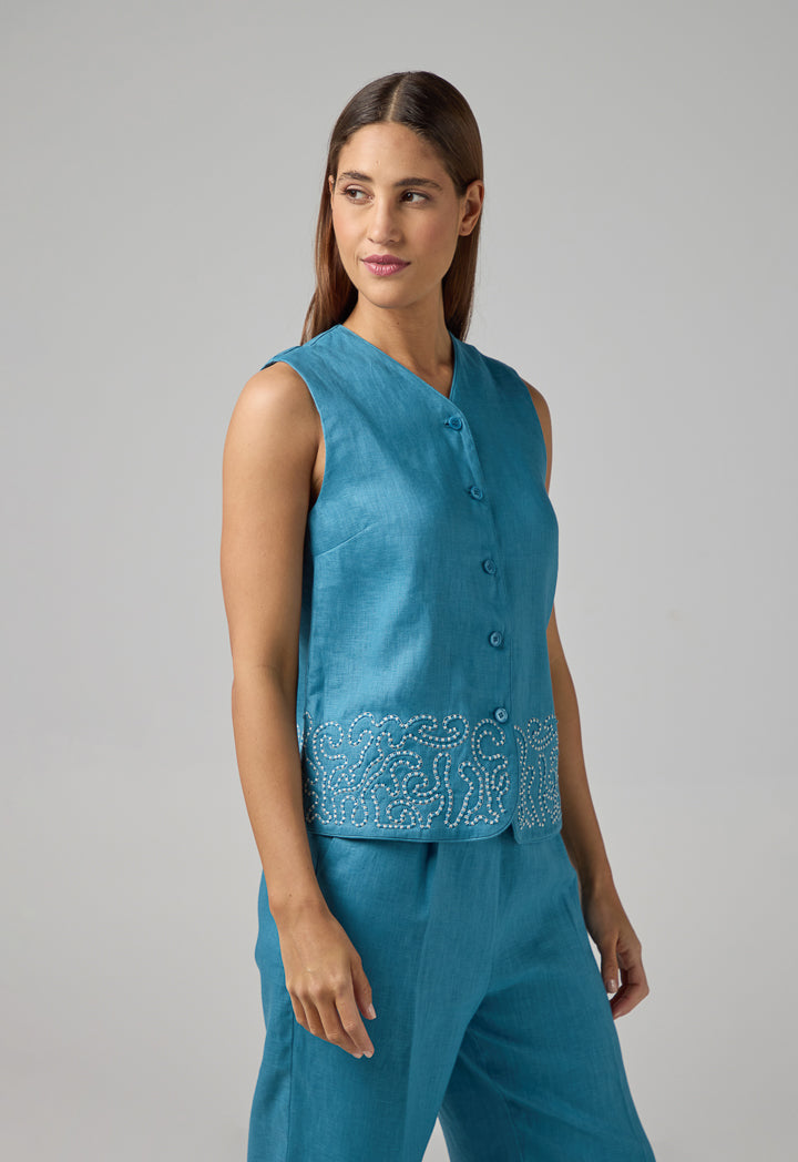 Choice Embroidered Sleeveless Gilet Blue
