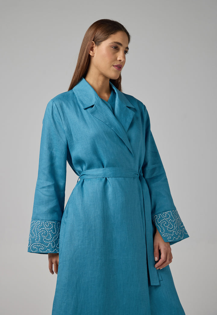 Choice Embroidered Contrast Maxi Belted Abaya Blue