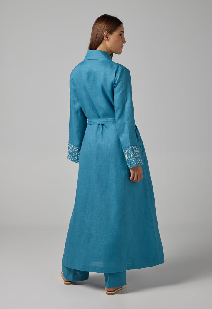 Choice Embroidered Contrast Maxi Belted Abaya Blue