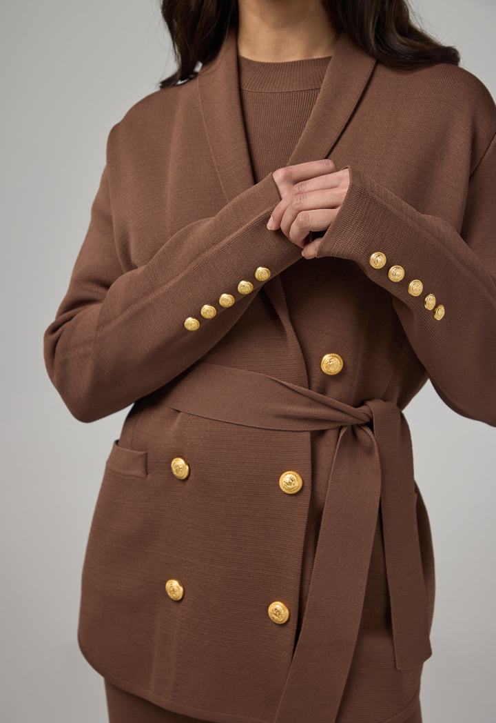 Choice Front Pockets Knitted Belted Jacket Brown