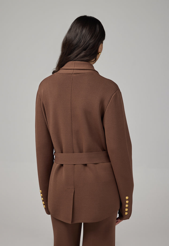 Choice Front Pockets Knitted Belted Jacket Brown