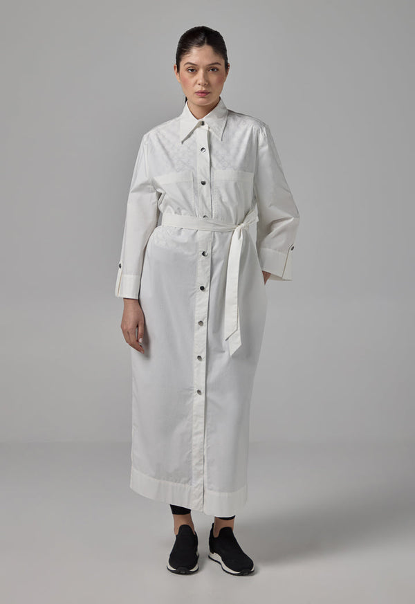Choice Front Pockets Monogram Shirt Dress Off White
