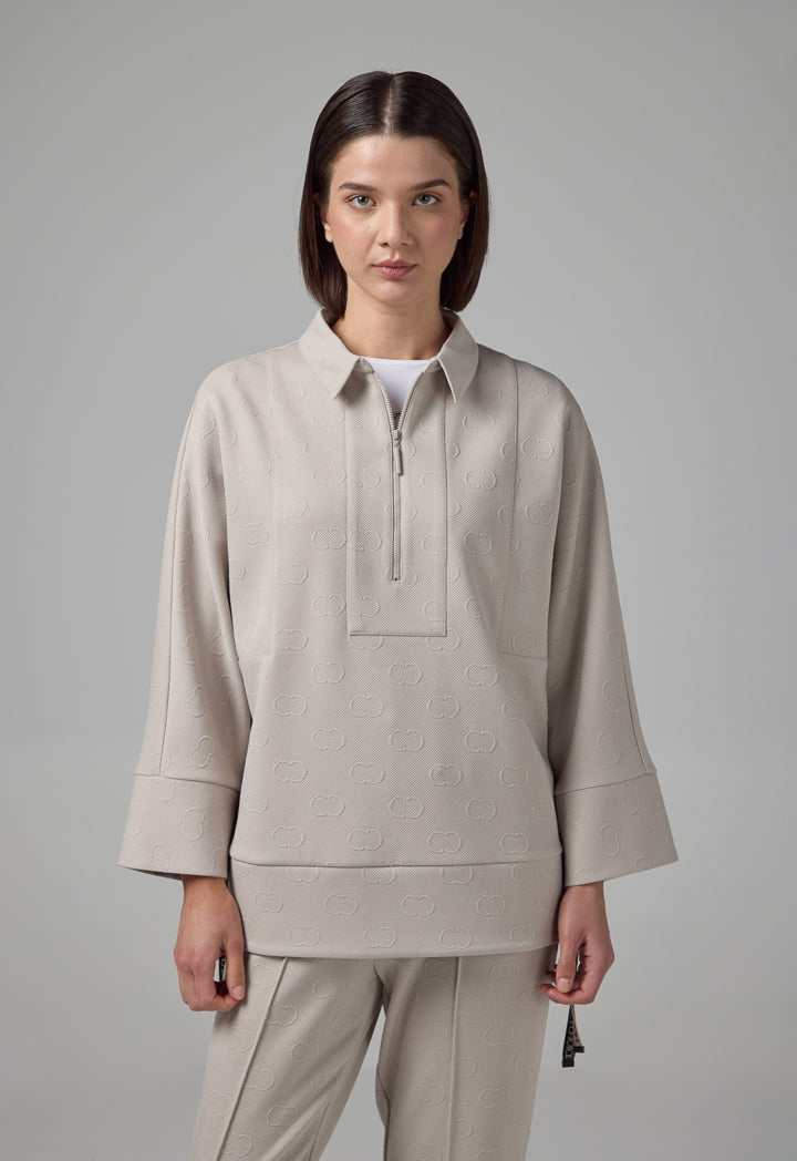 Choice Front Half-Zip Monogram Blouse Grey