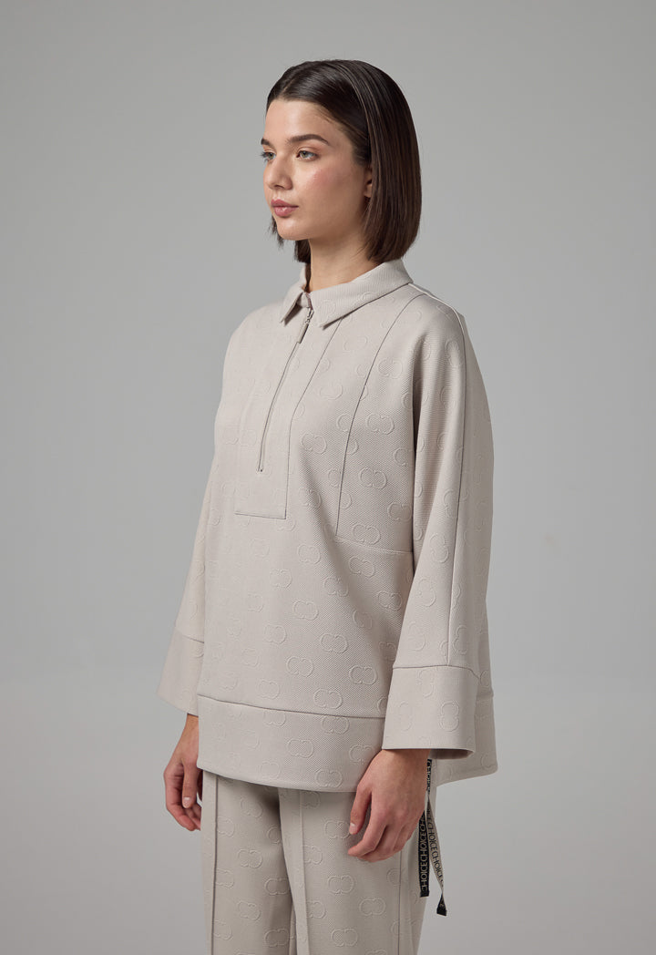Choice Front Half-Zip Monogram Blouse Grey