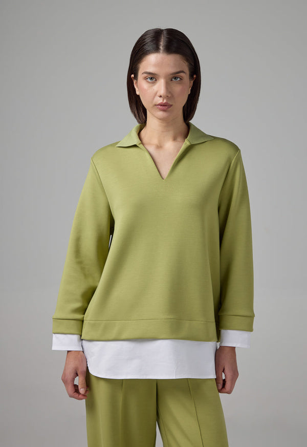 Choice Long Sleeve Contrast Blouse Green