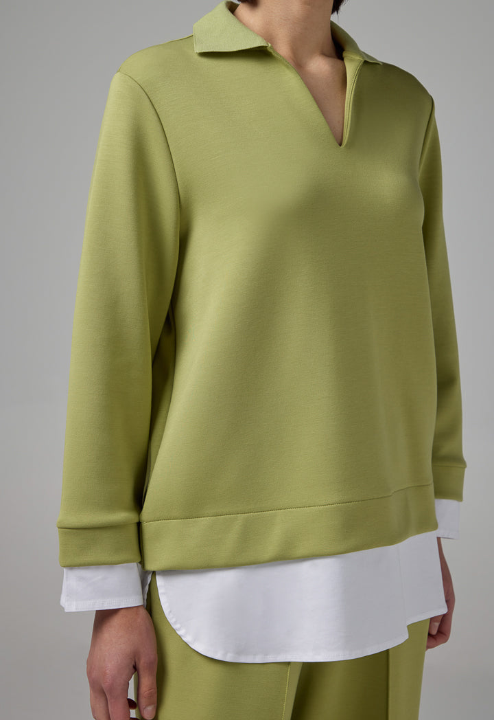 Choice Long Sleeve Contrast Blouse Green