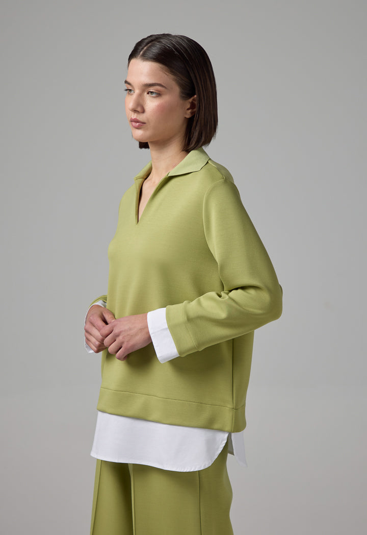 Choice Long Sleeve Contrast Blouse Green
