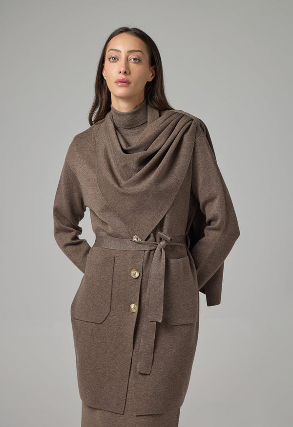 Choice Solid Knitted Belted Cardigan With Scarf Brown